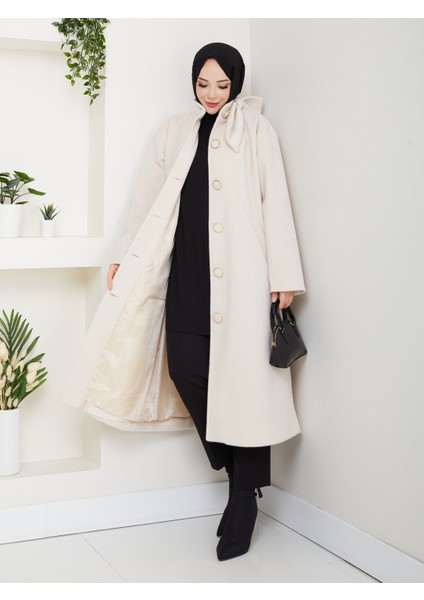 Kadın Düğmeli Fiyonk Modelli Foks Kumaş Şık Kaşe Kaban modelleri