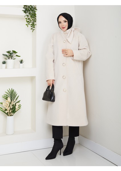 Kadın Düğmeli Fiyonk Modelli Foks Kumaş Şık Kaşe Kaban indirimleri