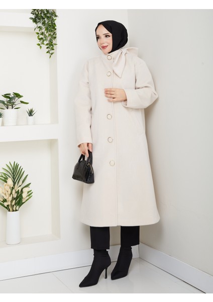 Kadın Düğmeli Fiyonk Modelli Foks Kumaş Şık Kaşe Kaban