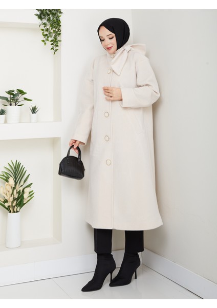 Kadın Düğmeli Fiyonk Modelli Foks Kumaş Şık Kaşe Kaban