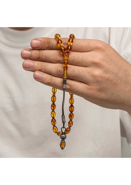 Gümüş 1000 Ayar Kazaz Püsküllü Sıkma Kehribar Tesbih