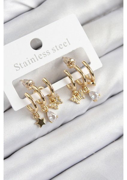 Pirinç Zirkon Taşlı Yıldız Ve Kelebek Model Gold Renk Kadın Küpe