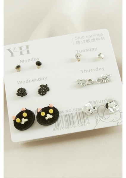 12 Adet Kedi Metal Taşlı Küpe