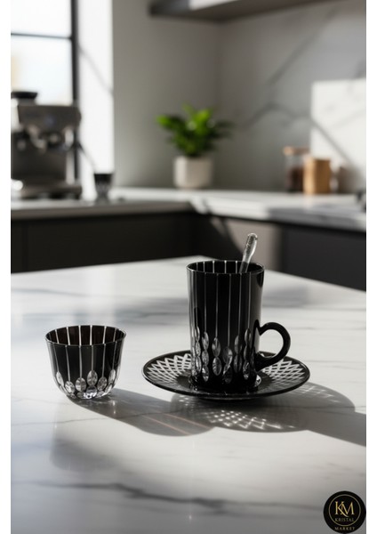 El Yapımı Kristal Desenli Siyah 6 Kişilik Çay Takımı Set 18 Parça