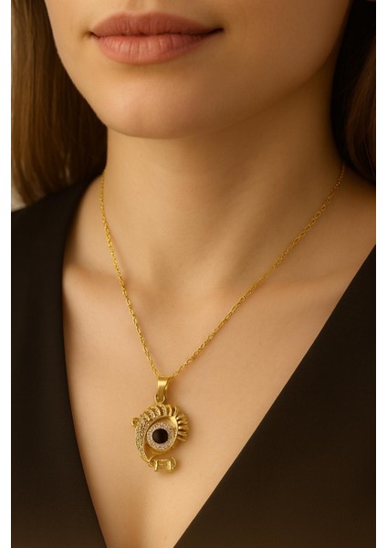 Kirpikli Siyah Taşlı Göz Çelik Kolye