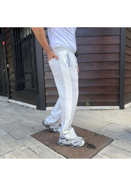 Erkek Üç Iplik Kışlık Pamuklu Yandan Garneli Kalın Bej Şeritli Cepli Eşofman Altı - Gri fiyatları