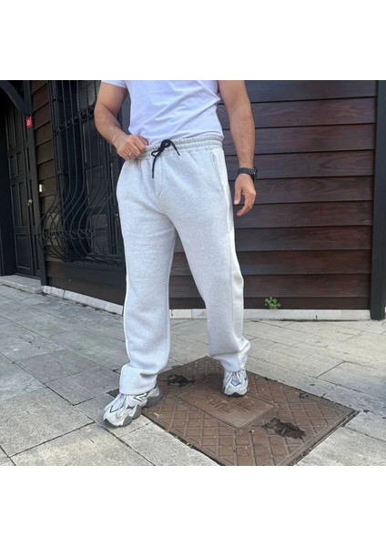 Erkek Üç Iplik Kışlık Pamuklu Yandan Garneli Kalın Bej Şeritli Cepli Eşofman Altı - Gri fırsatları