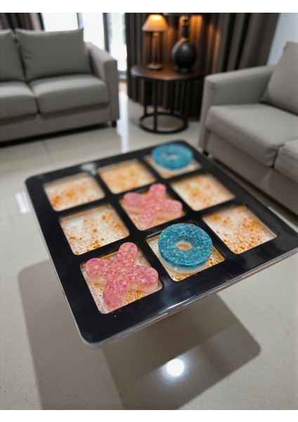 18X18 cm Renkli Epoksi Xox Dekoratif Oyun Seti, 10 Parça x ve O Taşı Dahil, Şık Masa Üstü Dekor