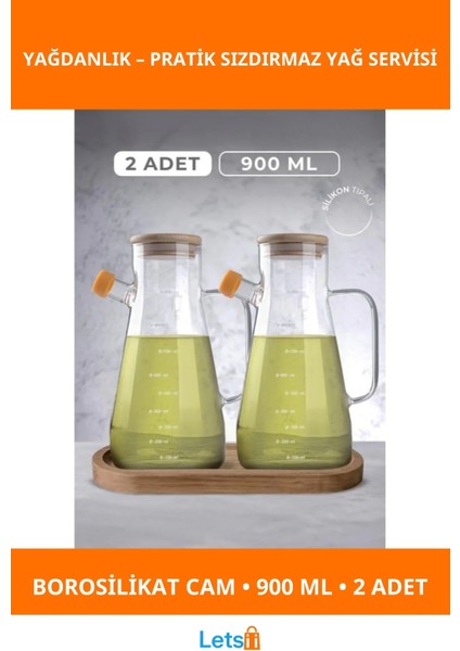 Şık Ahşap Kapaklı Sızdırmaz 2'li Cam Yağdanlık Seti 900 ml