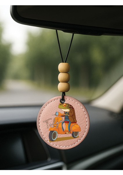 Kişiye Özel Isim Yazılı 1.sınıf Deri Ahşap Dekorlu Dikiz Aynası Süsü Pudra Pembe - Frog