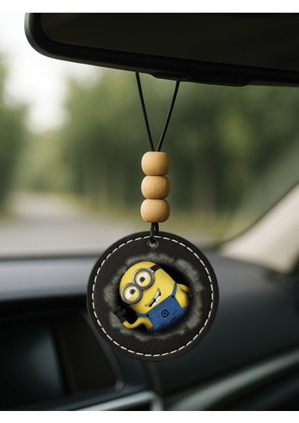 1.sınıf Suni Deri Süslemeli Desenli Uv Baskı Dikiz Araç Aynası Süsü Siyah - Minions