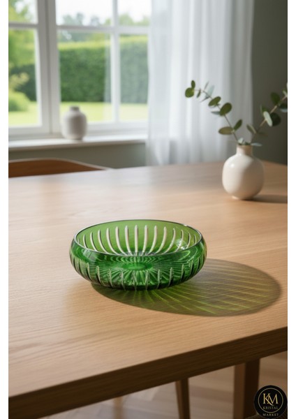 El Yapım Ikesme Kristal Vertical Desen 28 cm Dekoratif Sunumluk Sofra Sunum Kasesi