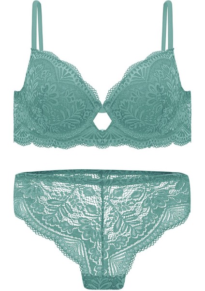 Dantelli Dekolte Sütyen Külot Takım Push Up, 2451 Petrol Yeşili