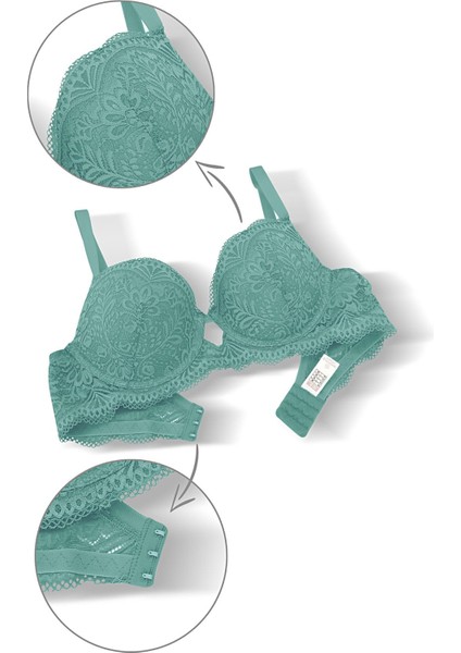 Dantelli Dekolte Sütyen Külot Takım Push Up, 2451 Petrol Yeşili