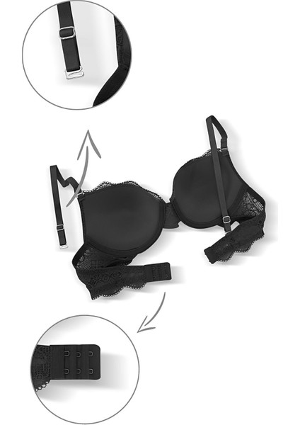 Anna 2735 Dantelli Dekolte Dolgulu Push-Up Sütyen ve Külot Takımı- Siyah