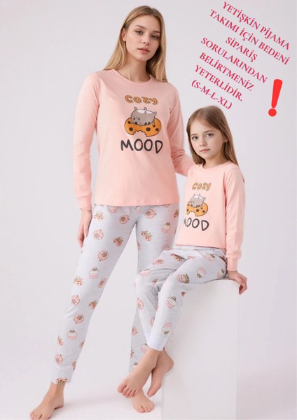 %100 Pamuklu Anne & Kız Çocuk Baskılı Turuncu Ikili Pijama Takımı L1.RP.346.7.002
