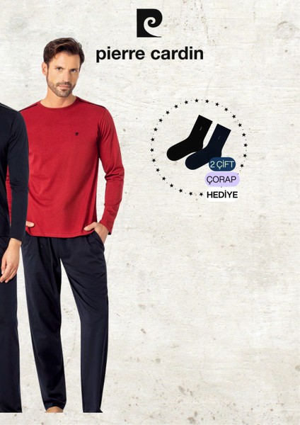 Erkek %100 Pamuk Uzun Kollu Logolu Bordo Pijama Takımı (2 Adet Hediye Çorap) L1.PC.6100.001