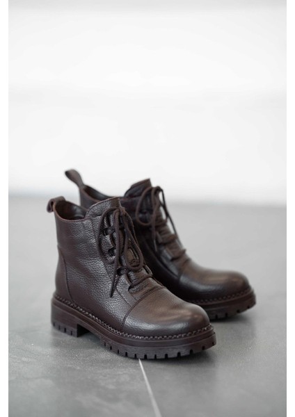 Anastasia Bağcıklı Hakiki Deri Kadın Bot Kahve