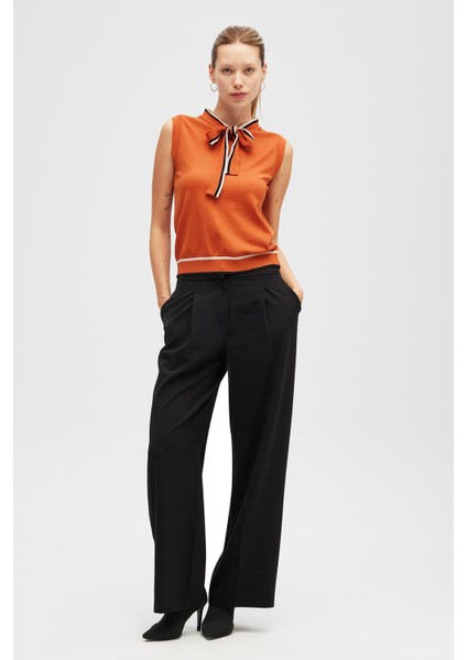 Priscilla Çizgi Detaylı Fiyonklu Kadın Triko Bluz - Yanık Turuncu