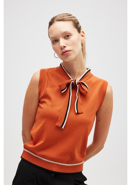 Priscilla Çizgi Detaylı Fiyonklu Kadın Triko Bluz - Yanık Turuncu fiyatları