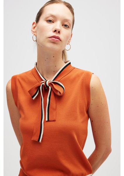 Priscilla Çizgi Detaylı Fiyonklu Kadın Triko Bluz - Yanık Turuncu modelleri