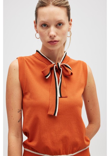 Priscilla Çizgi Detaylı Fiyonklu Kadın Triko Bluz - Yanık Turuncu fırsatları