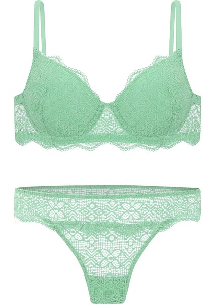 Anna 2736 Dantelli Dekolte Sütyen ve Külot Takımı- Dolgusuz Yeşil