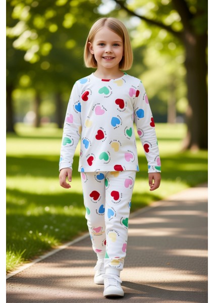 Kız Çocuk Pamuk Polyester Örme Kalp Desenli Pijama Takımı Kaliteli Şık Rahat Günlük