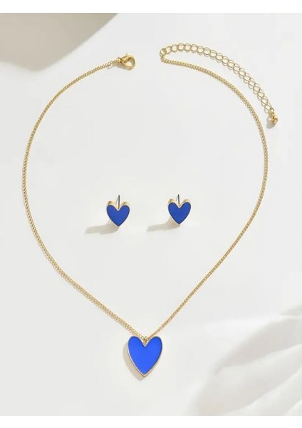 Minimalist Kalp Kolye Küpe Seti Mavi