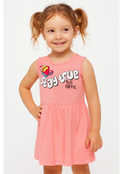 Kız Çocuk Büzgülü Bel Kolsuz Stay True Happy Baskılı Pembe Elbise