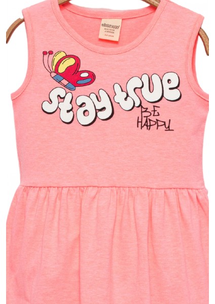 Kız Çocuk Büzgülü Bel Kolsuz Stay True Happy Baskılı Pembe Elbise modelleri
