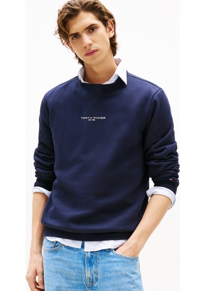 Bisiklet Yaka Mavi Erkek Sweatshırt MW0MW37471DW5_SMALL Tommy Logo Crew fiyatları