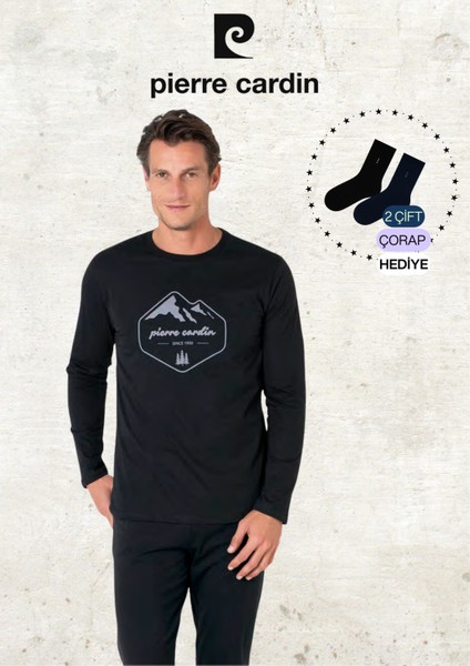 Erkek %100 Pamuk Uzun Kollu Desenli Siyah Pijama Takımı (2 Adet Hediye Çorap) L1.PC.6097.001