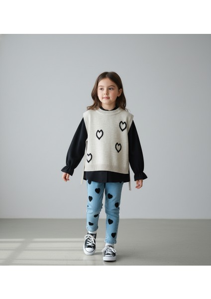 Kalp Desenli Yelekli Üçlü Takım Kız Çocuk