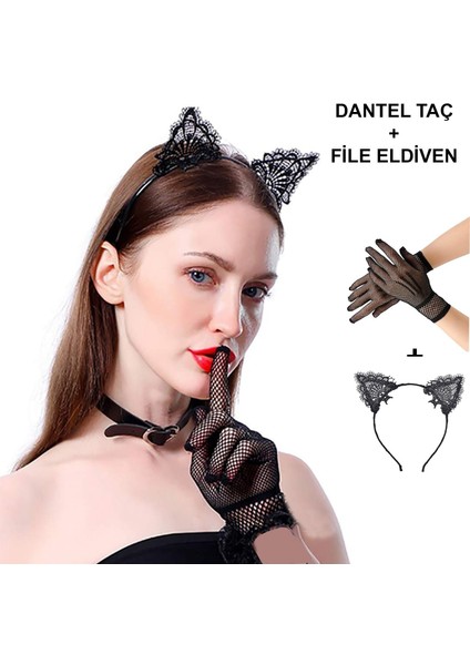 Siyah Kedi Dantel Taç + Eldiven Seti – Parti, Dans ve Kostüm Kombini