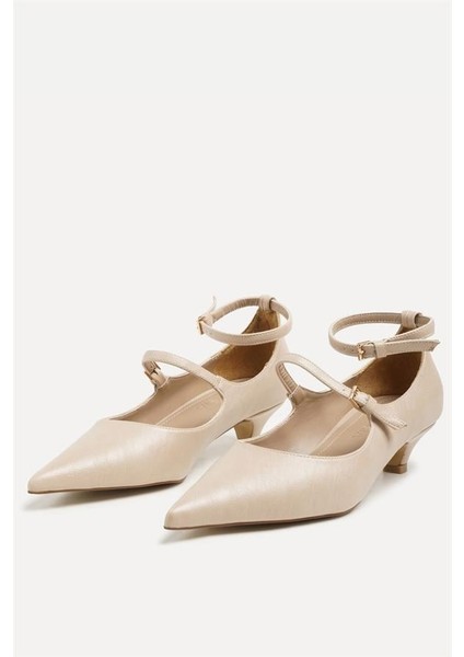 255016 Çift Tokalı Topuklu Ayakkabı Bej Deri fiyatları
