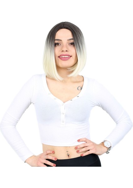 Kahkülsüz Düz Kısa Fiber Sentetik Peruk / Küllü Siyah / Platin Ombreli