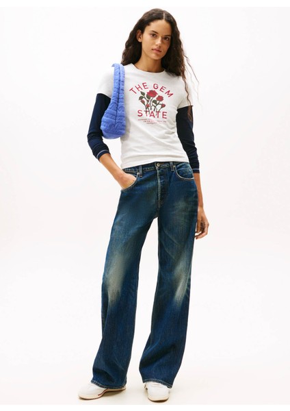 Yuvarlak Yaka Baskılı Gri Kadın T-Shirt DW0DW21788P09