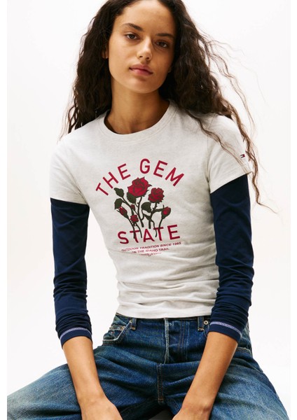 Yuvarlak Yaka Baskılı Gri Kadın T-Shirt DW0DW21788P09 fiyatları