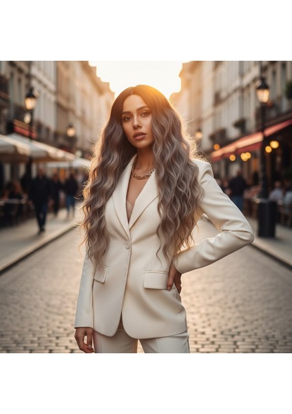 Fiber Sentetik Uzun Su Dalgası Peruk / Siyah / Küllü Platin Ombreli