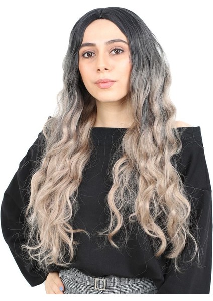 Fiber Sentetik Uzun Su Dalgası Peruk / Siyah / Küllü Platin Ombreli fiyatları