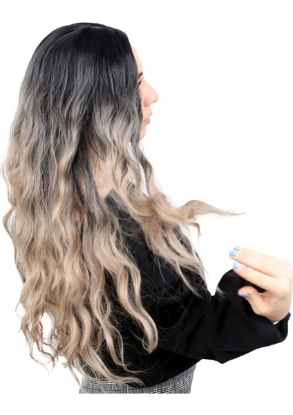 Fiber Sentetik Uzun Su Dalgası Peruk / Siyah / Küllü Platin Ombreli modelleri