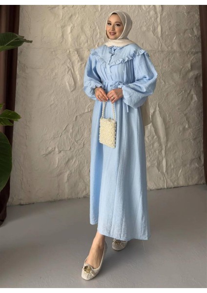 2508 Yarım Pat Fırfır Detaylı Bağıcıklı Bürümcük Elbise
