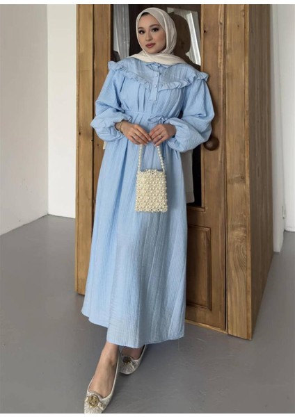 2508 Yarım Pat Fırfır Detaylı Bağıcıklı Bürümcük Elbise fiyatları