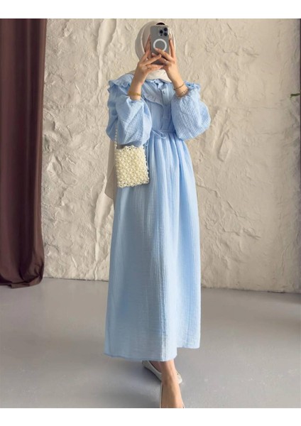 2508 Yarım Pat Fırfır Detaylı Bağıcıklı Bürümcük Elbise modelleri