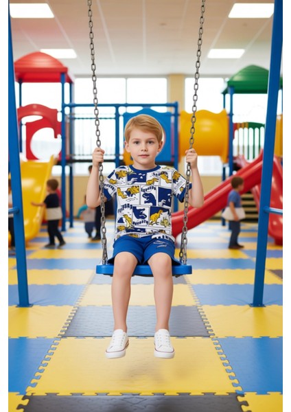 Erkek Çocuk Yazlık Dinozor Baskılı Örme Tişört ve Şort Takımı Kaliteli Şık Rahat