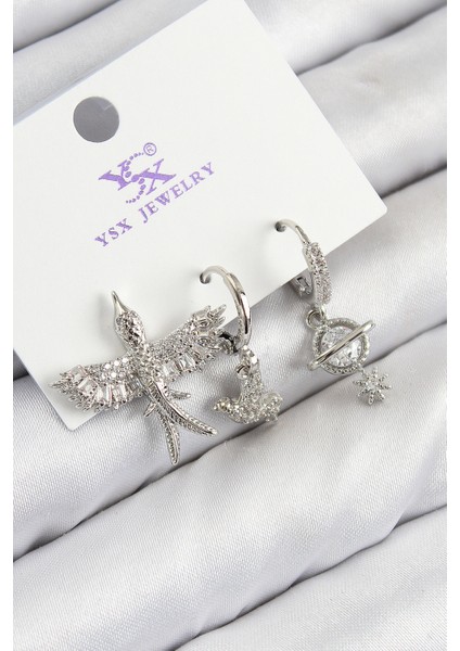 Pirinç Zirkon Taşlı 3'lü Kuş Model Gümüş Renk Kadın Küpe - Lisinya