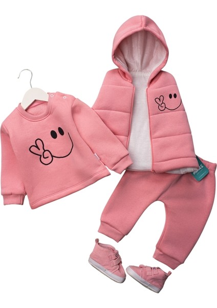 Smile Baskılı Yelekli Üç Ip Kız Takım