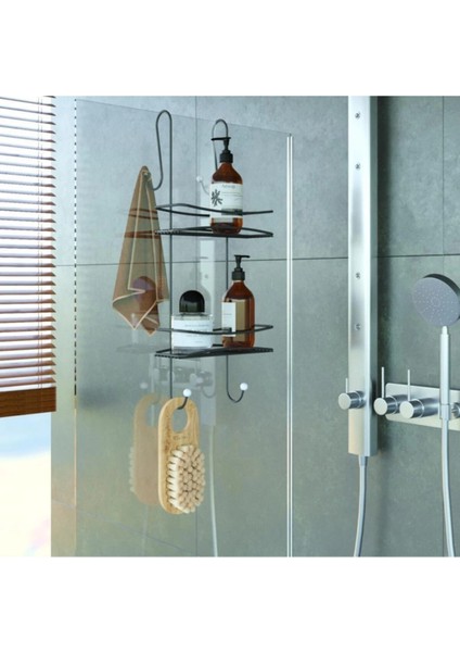 Duşakabin Banyo Rafı Şampuanlık 2 Katlı Askılı Siyah