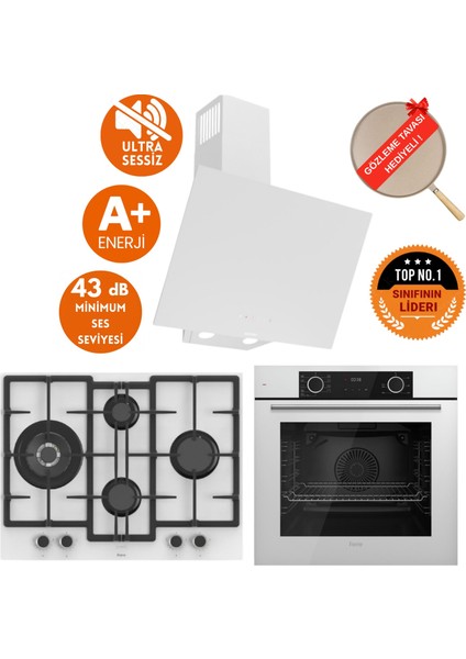 Fryart&flowart Rino Sessiz Davlumbaz Beyaz Cam Ankastre Set ( D078-SA + ED076-WFA + XE63CB )